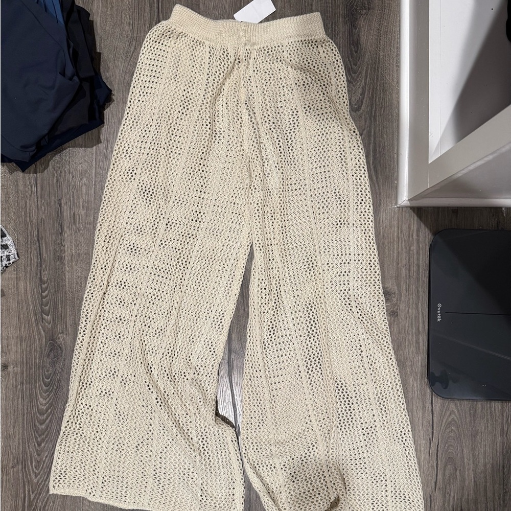 Cream Crochet Wide-Leg Knit Pants